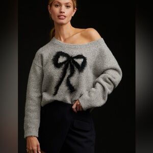 Anthropologie Gray Sweater with Black Bow Design